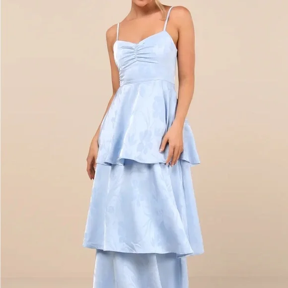 Lulus Light Blue Prigette Jacquard Tiered Maxi Dress - Picture 1 of 5